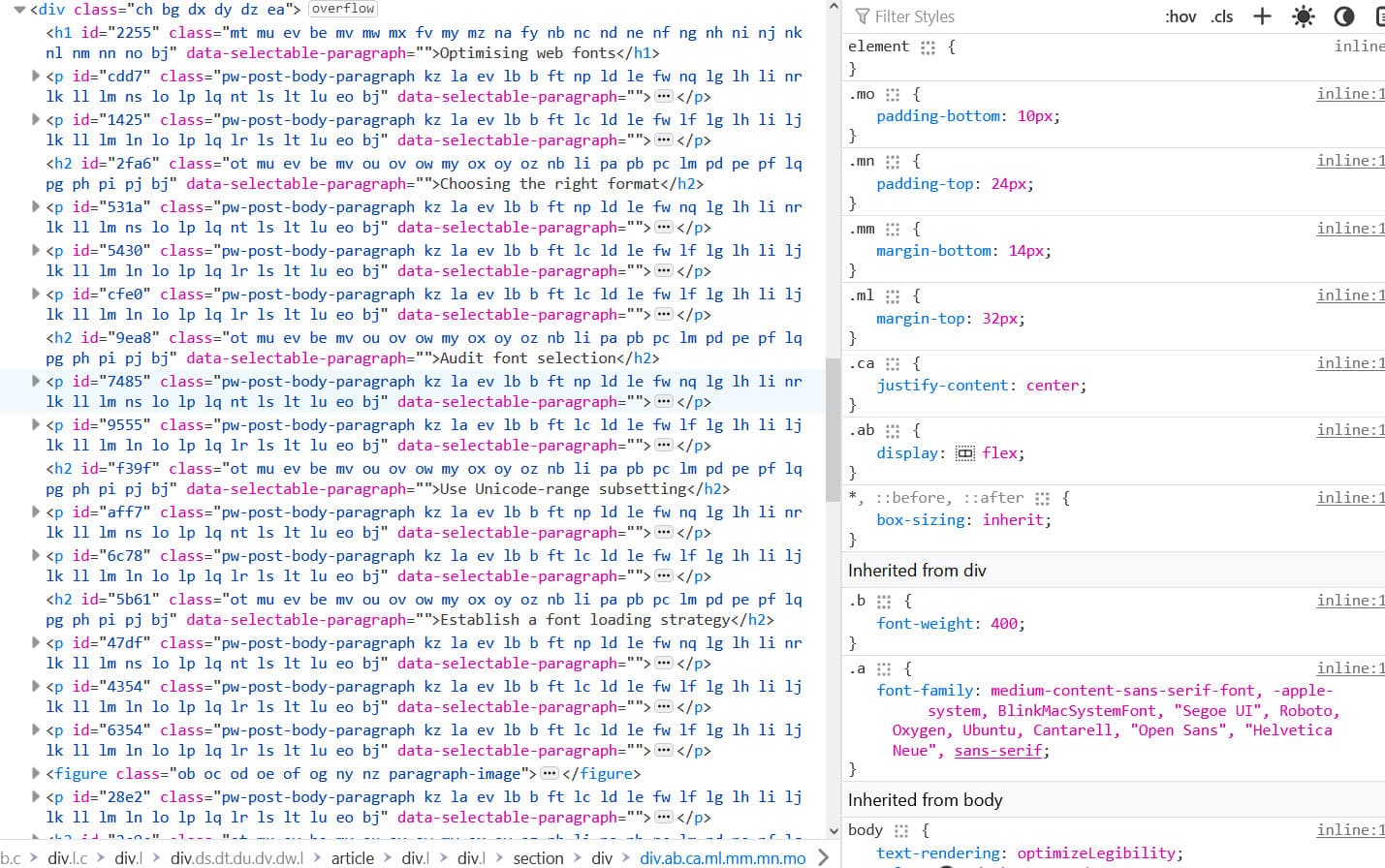 The code of a website where each paragraph has around 29 meaningless 
				utility classes like mt, mu, fv, nb, ld...