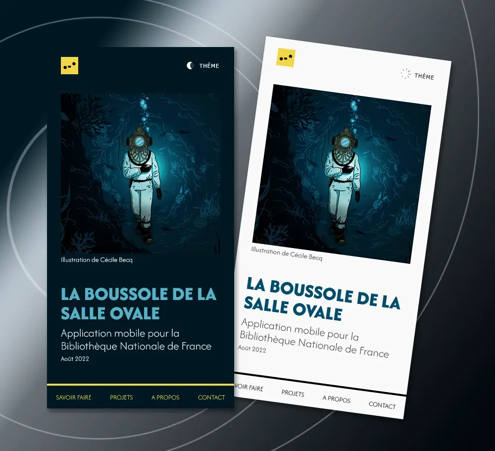 A page of one of the projects, in dark and light themes, in small screens